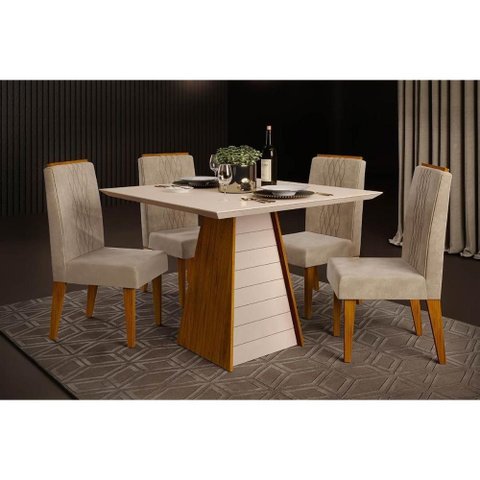 Conjunto: Mesa Sala Jantar Fler C/ Tampo Madeirado C/ Vidro 90x90cm e 4 Cadeiras Lia Freijo/off