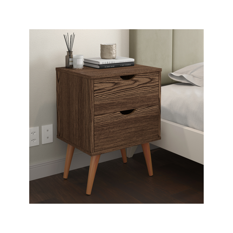 Mesa de Cabeceira 2 Gavetas Pés Palito Quarto Moderno Mdp Retrô:canela