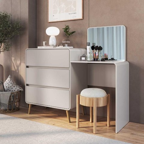Cômoda Quarto 3 Gavetas 134,8cm X 121cm Penteadeira Embutida com Espelho Cor:bege Dunas