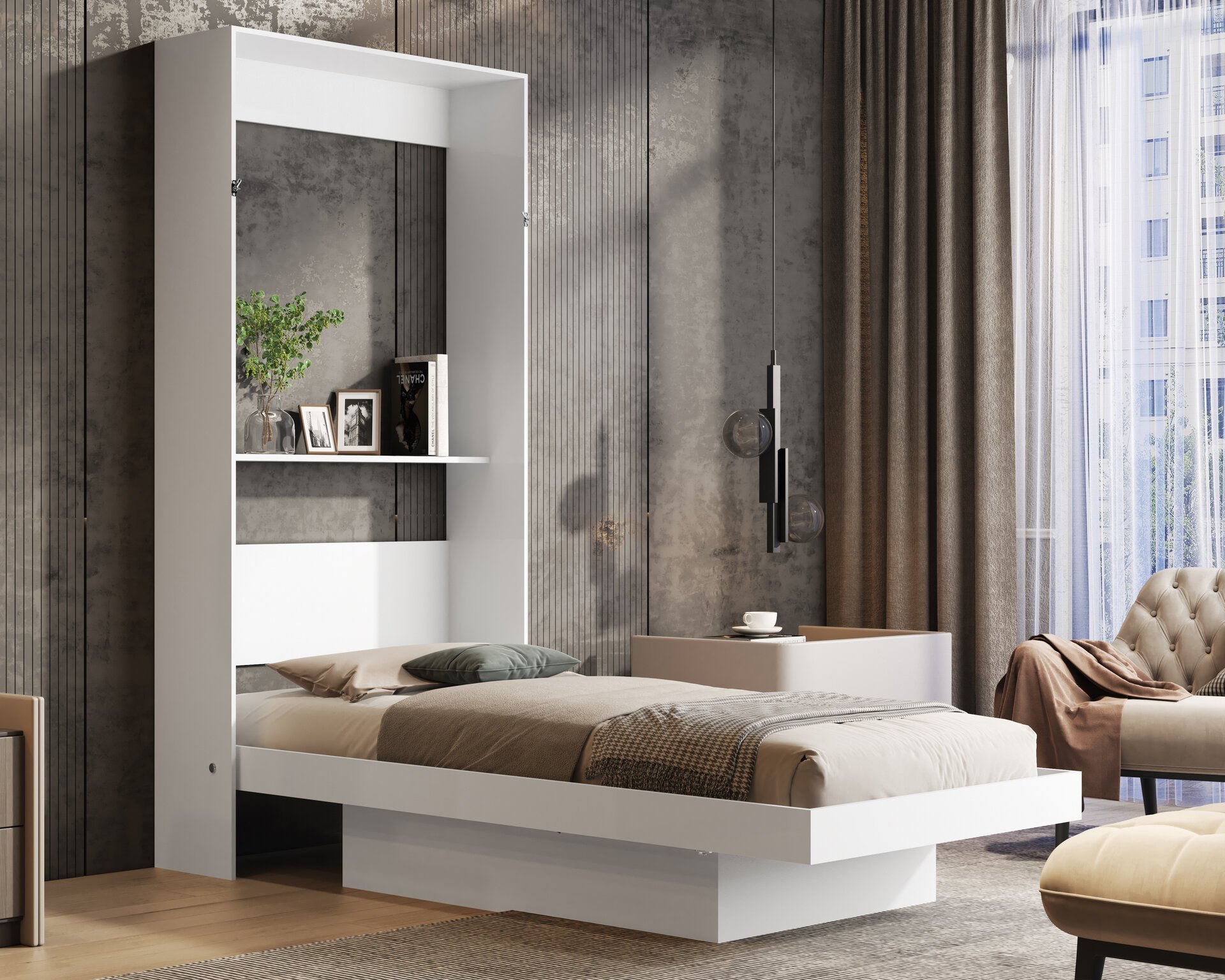 Cama Solteiro Articulada de Parede Multifuncional Prateleira e Cama:branco