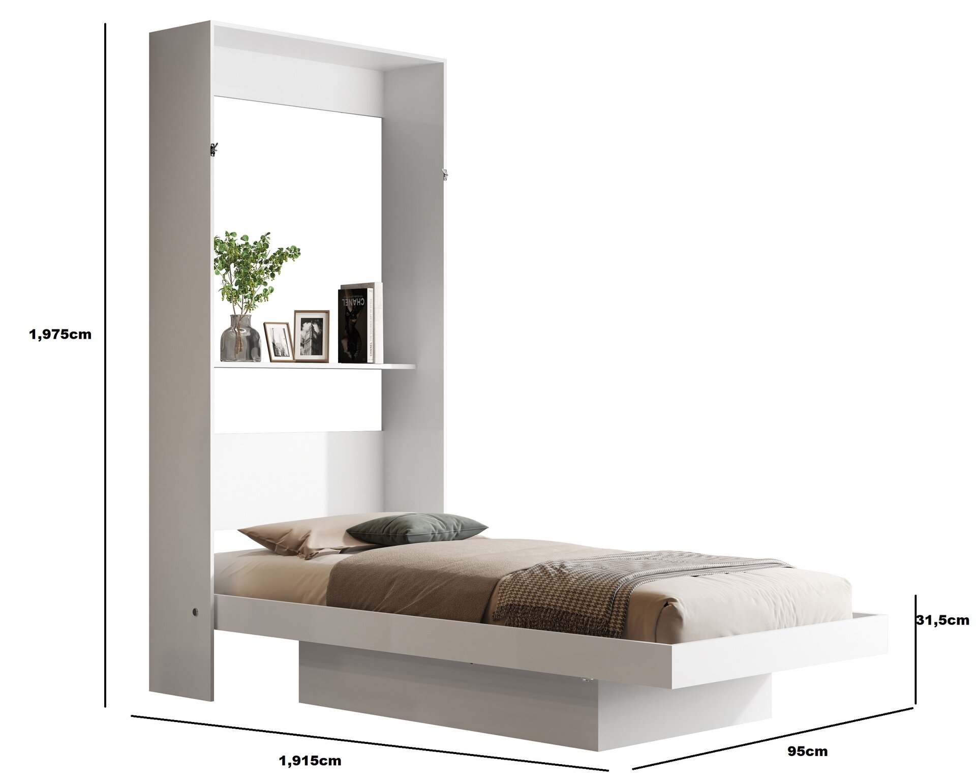 Cama Solteiro Articulada de Parede Multifuncional Prateleira e Cama:branco - 6