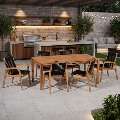 Mesa de Jantar com 04 Cadeiras sem Braço e 02 Cadeiras com Braço Trammare C07 Corda Preta - Lyam Dec