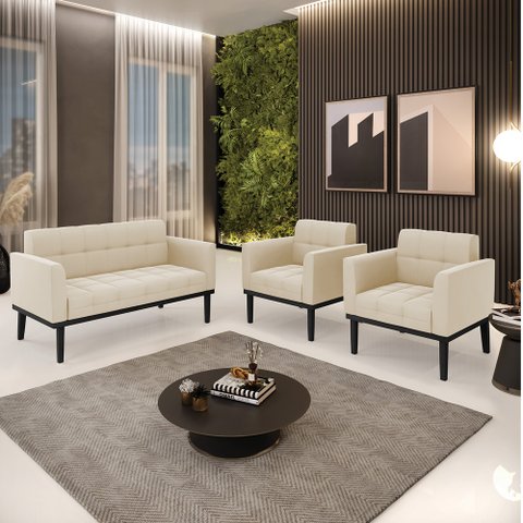 Conjunto 2 Poltronas e 1 Namoradeira Decorativa Karen Pés Fixo em Madeira Preto Suede Bege G19 - Gra