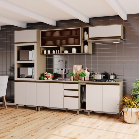 Cozinha Completa Modulada com Vidro 7 Peças 12 Portas 100% MDF Aurora Espresso Móveis Cinza/Duna/Cristal