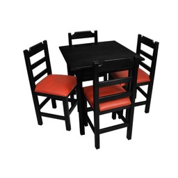 Conjunto de Mesa de Madeira Fixo Paulista 70x70 Preto com 4 Cadeiras Estofado Vermelho - 1