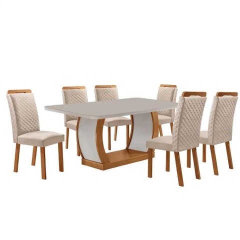 Mesa de Jantar Milena 180cm Tampo MDF Vidro Canto Copo com 6 Cadeiras Lorena Moderna Mobília