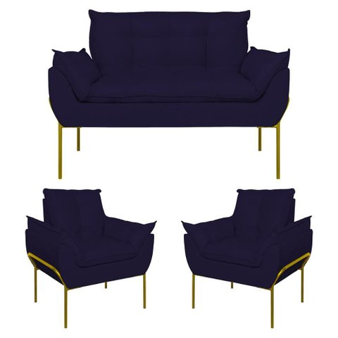 Kit 2 Poltronas + Namoradeira Pé Metal Dourado Recepção Sala Cor:azul Marinho