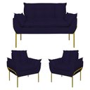 Ver imagem 1 de Kit 2 Poltronas + Namoradeira Pé Metal Dourado Recepção Sala Cor:azul Marinho