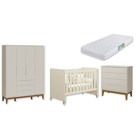 Quarto de Bebê Berço Evolution + Guarda Roupa 4P + Cômoda 4g Elfe Areia com Colchão