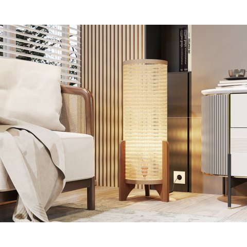 Abajur de Chão Luminária Moderna Rattan Tela Indiana Madeira