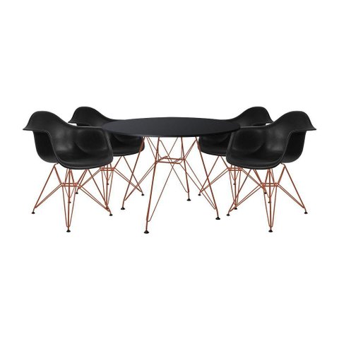 Mesa de Jantar Redonda Preta 110cm com 4 Poltronas Pretas Ferro Cobre Preto
