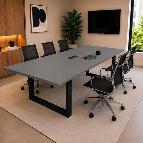 Mesa Reunião Escritório 200x90cm com Caixa de Tomadas Pés Metal Industrial Executive