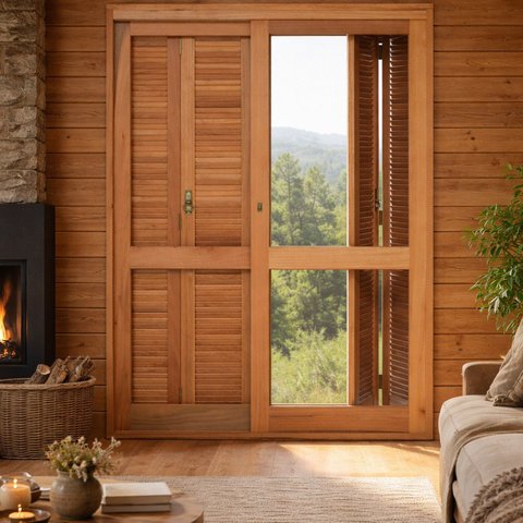 Porta Janela Eucalipto Premium com Veneziana Pant e Caixilho Correr 140x213