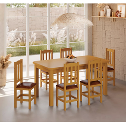 Conjunto Mesa de Madeira Mel 160x88 + 6 Cadeiras Estofadas Sfa - 1