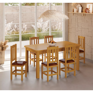 Conjunto Mesa de Madeira Mel 160x88 + 6 Cadeiras Estofadas Sfa