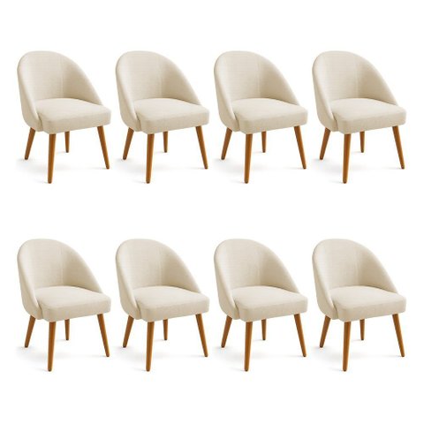 Kit 08 Cadeiras Poltrona de Jantar Estofada Luna Boucle Bege Pés Palito Castanho