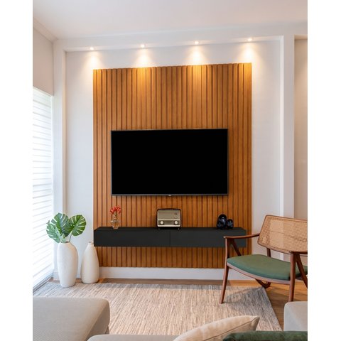 Rack Suspenso com Painel Ripado Moderno e Elegante 2 Gavetas:Preto