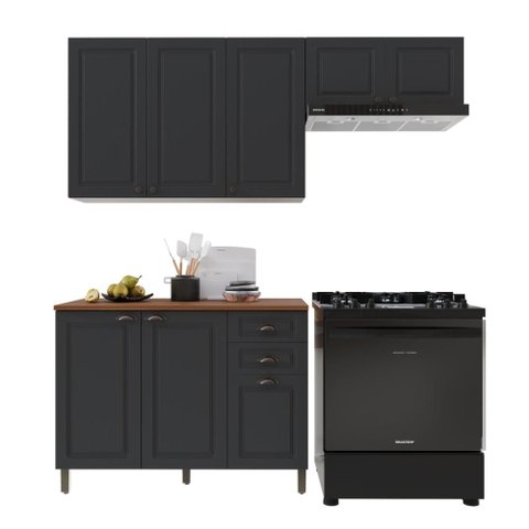 Armário de Cozinha Modulada Compacta Fidelitá Nara 100% MDF 3 Peças 200cm 8 Portas 2 Gavetas com
