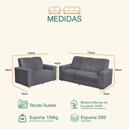 Conjunto de Sofá Roma 3 e 2 Lugares 1,74m X 1,24m Suede Cinza - Sofá Casa - 3