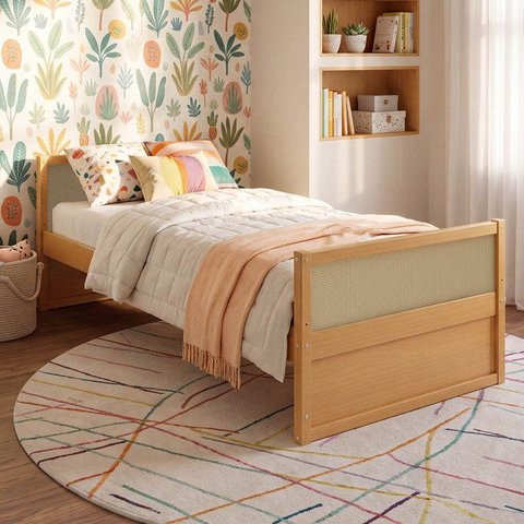 Cama Solteiro Infantil Madeira Maciça e Rattan Magna Kids Casatema MadeiraOriginals Marrom/Mel