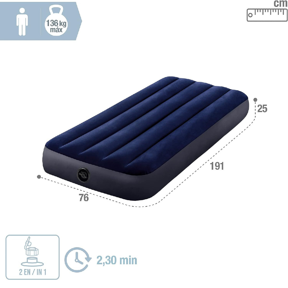 Colchão Inflável Solteiro Intex Fiber Tech 191x76x25cm 2un + Bomba Ar Manual Cor:azul - 2