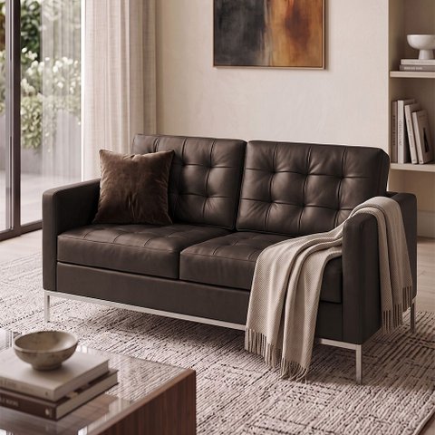 Sofá Fk 2 Lugares Couro Natural Linha Premium Design Modernista Sala Escritório Recepção - Marrom