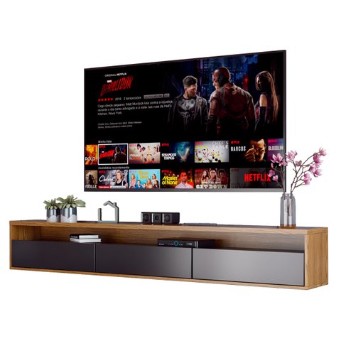 Rack Suspenso para TV Life 1.8 Preto Acetinado com Freijó - MóveisAqui