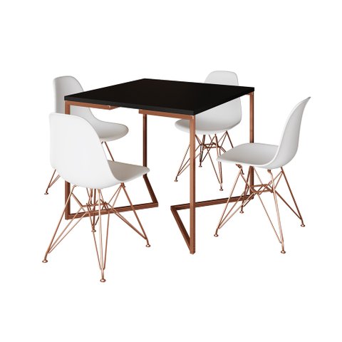 Mesa Jantar Industrial Quadrada 90cm Preta Base Cobre V com 4 Cadeiras Brancas Eames Eiffel Pés Cobr