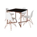 Ver imagem 1 de Mesa Jantar Industrial Quadrada 90cm Preta Base Cobre V com 4 Cadeiras Brancas Eames Eiffel Pés Cobr