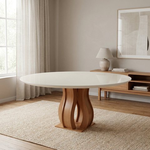 Mesa de Jantar Redonda com Tampo Vidro/MDF 6 Lugares Casuá Cinamomo Off White