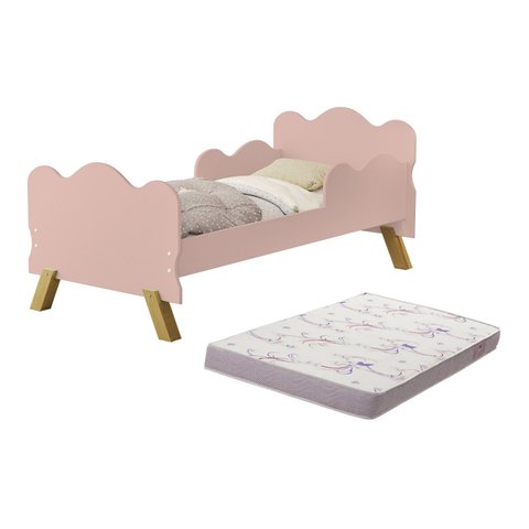 Mini Cama Infantil Angel Nuvem Rosa com Proteção Lateral de Mdf + Colchão Incluso