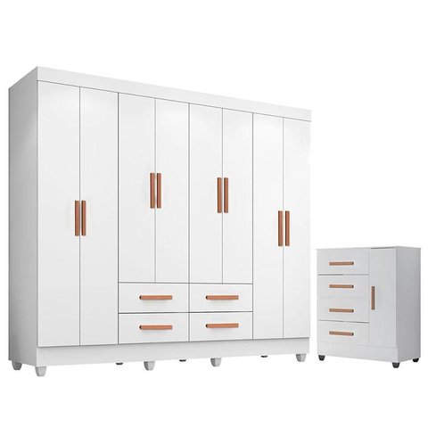Guarda Roupa Casal Porto Com cômoda Lite 4 Gavetas 01 Porta Branco Brilho – Móveis Leão