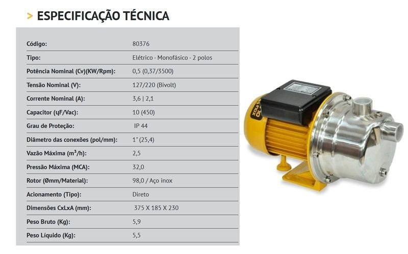 Bomba Bufallo Autoaspirante Bfa370-inox Monofásico 127/220v Amarela 127/220 (m) - 2