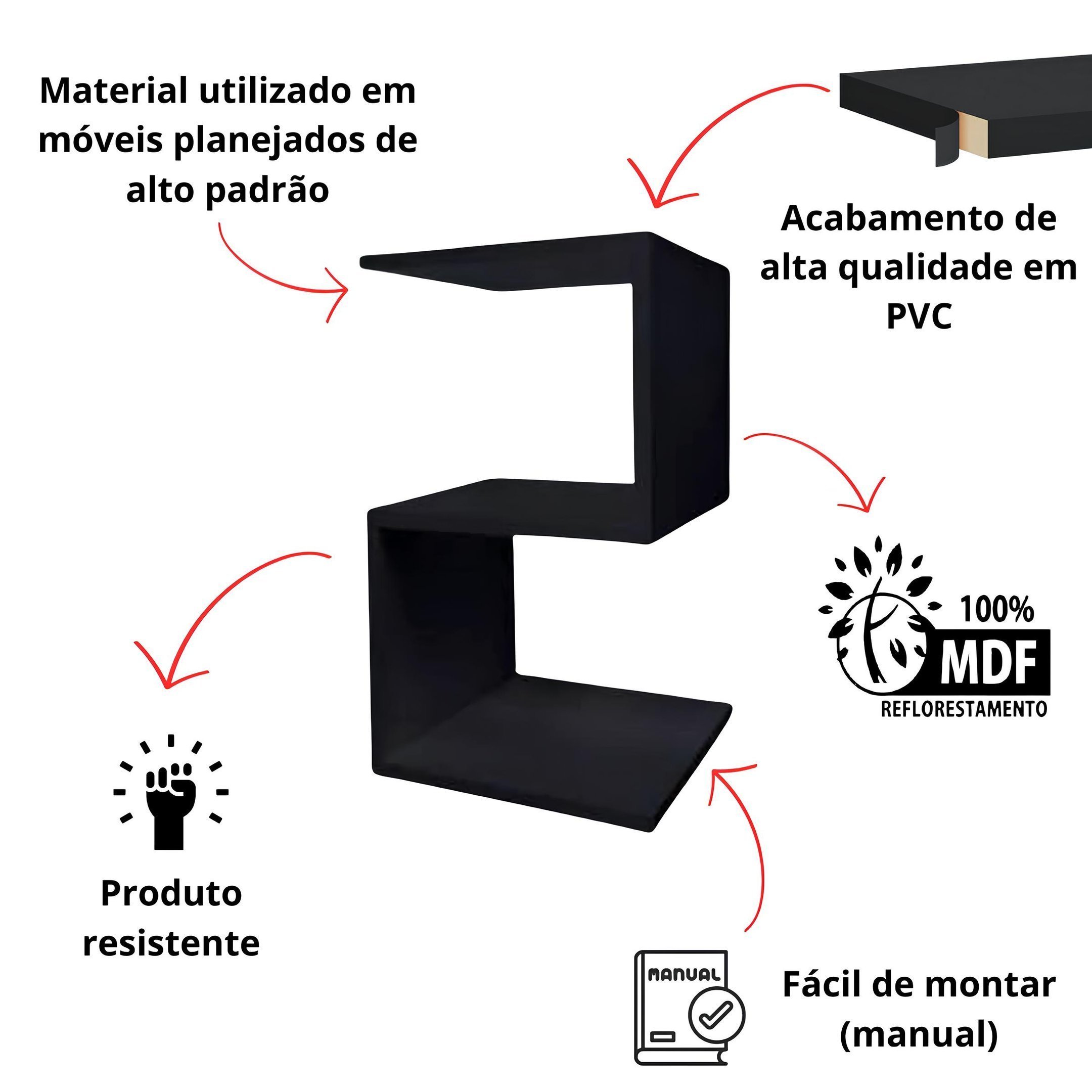 Mesa de Cabeceira Moderna Quarto S ou Z Mdf Decorativa:preto - 2