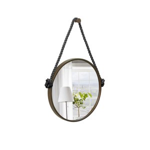 Espelho Decorativo Adnet Marrom Alça Corda Naval Preta 40 cm Redondo 40 cm