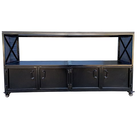 Rack Estilo Industrial com 4 Portas e 1 Nicho Vazado - Ferro e Madeira - Cor Preta