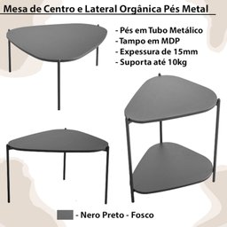 Kit Mesa de Centro e Lateral Organica Pes Metal Preto Nero Artesano - 2