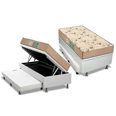 Cama Box Baú c/Auxiliar Solteiro: Colchão Espuma Polar D45 Polar Pérola + Base CRC Courano White(88x