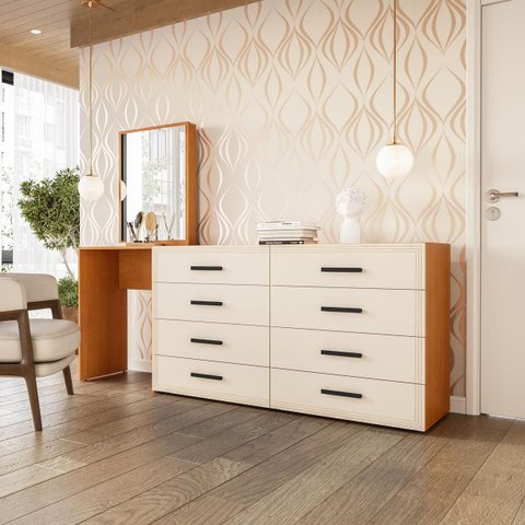 Cômoda Penteadeira Valência 8 Gavetas Espelho 209x160cm Creme/Freijó 250801