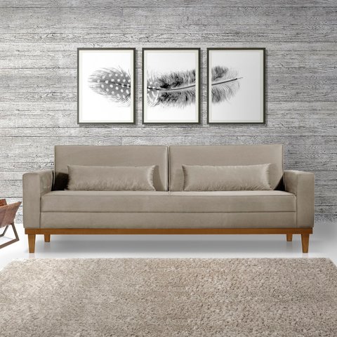 Sofá Living Valência 2,20mt C/base Madeira- Espuma 8 Cm C/ 2 Almofdas Bege - Estofado Pérola