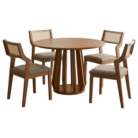 Mesa de Jantar Redonda Pitanga com 4 Cadeiras Estofadas Acai Linho Bege Natuem
