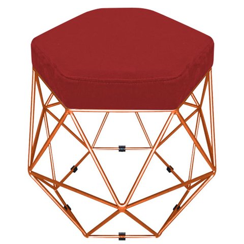 Puff Banco Decorativo Aramado Hexagonal Base Eiffel Bronze Suede Vermelho - Desk Design