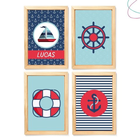 4 Quadros Decorativo Infantil Marinheiro Náutico Moldura:pinus