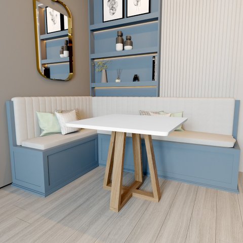 Mesa Quadrada Jantar 90cm Manu Branca Base Madeira Maciça