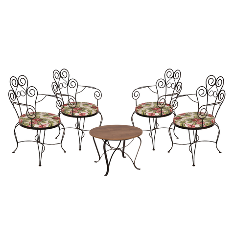 Conjunto 4 Cadeiras Estofada Floridas e Mesa De Centro com Tampo em Madeira PP