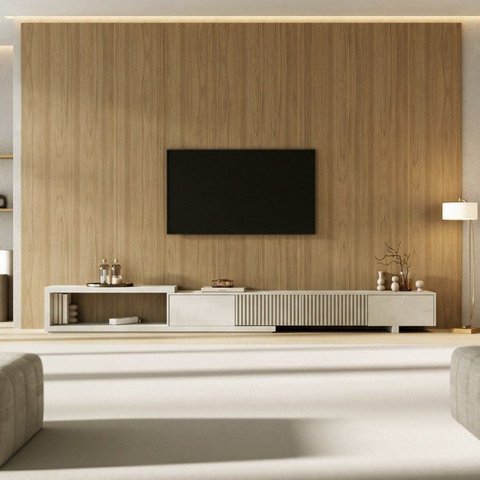 Rack Extensível Ripado 360x250cm com Painel TV 86 Polegadas Planejado Aruá CabeCasa MadeiraOriginals Marrom/Offwhite