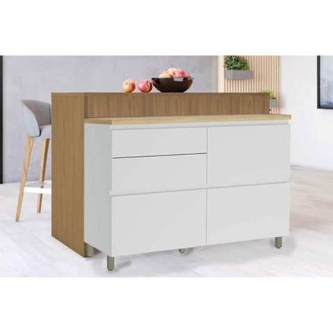 Balcão Ilha Cozinha Gourmet Rainha com 1 Porta e 4 Gavetas 120cm Branca Nature