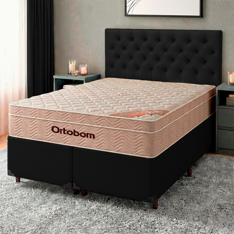 Conjunto Cama Box Preto Queen + Colchão Molas Ensacadas Airtech Ortobom + Cabeceira