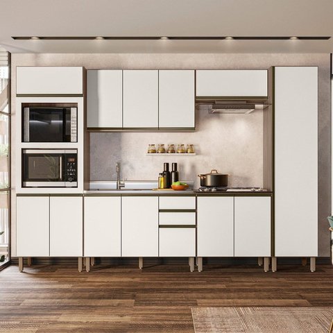 Cozinha Modulada 6 Peças 3 Gavetas Torre Quente 100% MDF Catarina Bege/Carvalho Nature/Off White Cetim
