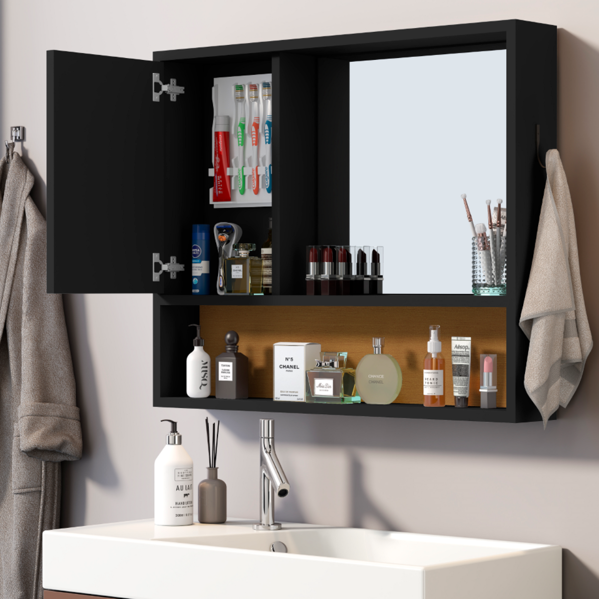 Espelheira Para Banheiro Armário Com Gancho Porta Amon:Preto/Nature - 4